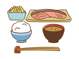 和食の鮭の切り身焼き魚定食イメージイラスト(カラー)