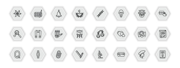 outline icons set - education concept. vector icons included atom, school bell, dna, sash and more.