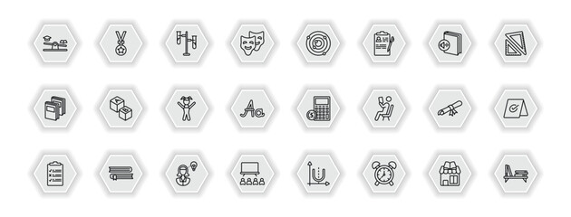 outline icons set - education concept. vector icons included swing balancer, tube, atomic theory, block with letters and more.