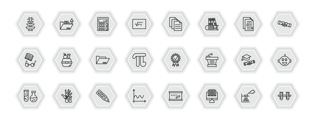 outline icons set - education concept. vector icons included fountain, adding hine, various files, lunchbox and more.
