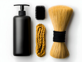 A stylish collection of grooming products including a black pump bottle, brush, rope, and shaving brush, ideal for modern men's grooming routines.