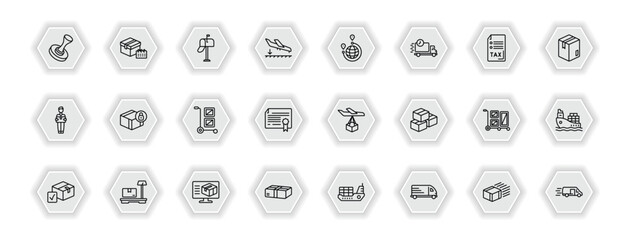 outline icons set - delivery and logistic concept. vector icons included stamp, postbox, distribution, delivery safety and more.