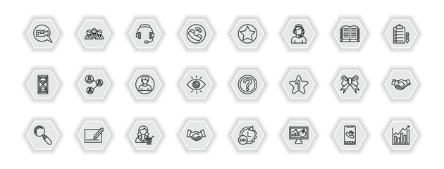 outline icons set - customer service concept. vector icons included video call, head, favorite, connection and more.