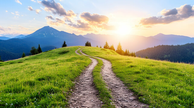 Trail winding up grassy hill at sunset, mountain range backdrop
