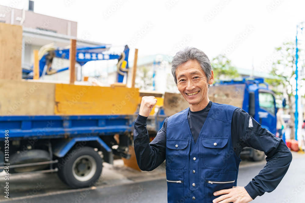 Poster 作業員、男性、シニア、腕組み、工事、大工、建設、親方、やる気、ガッツポーズ、職人、トラック、仕事、土木、労働者、日本人、笑顔、ミドル、中高年、日雇い、職業、産業、ニッカポッカ、作業服、自信、建機、建築、業者、会社、瓦礫、解体、鳶職、撤去、事業者、公共事業、安全、元気、棟梁、処理、廃品回収、ゼネコン、工務店、サブコン、モチベーション、再雇用、ドライバー、運転手、物流、デリバリー、リサイクル