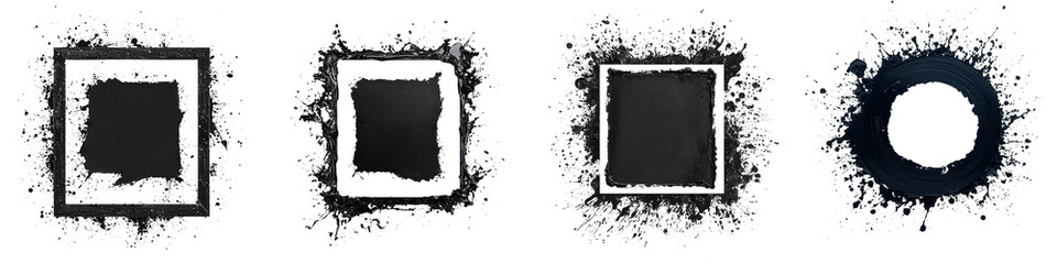 Grungy abstract paint splatter frames with monochrome ink splattering textures for graphic design  digital artwork  and bold  dynamic background wallpapers