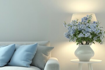 Light blue sofa, flowers, living room, calm atmosphere