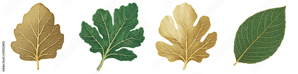 Poster collection of assorted autumnal leaves in shades of golden yellow and deep green arranged against a 
