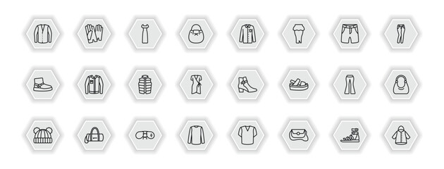 outline icons set - clothes concept. vector icons included cotton cardigan, long sleeveless dress, formal shirt, denim jacket and more.