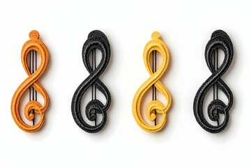 Fototapeta premium Treble clefs aligned, alternating colors, white backdrop, studio shot