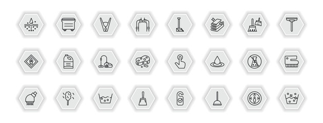 outline icons set - cleaning concept. vector icons included emulsion, clothes peg, dust pan, detergent and more.