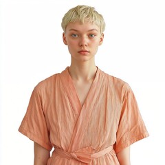 Person with pale apricot skin, short emerald green hair in a light salmon tunic, textured gathers, calm pose, delicate pinkish hue, full view, isolated on white background - Generative AI