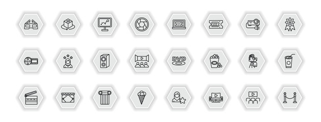 outline icons set - cinema concept. vector icons included 3d glass, animation, buy tickets online, actress and more.