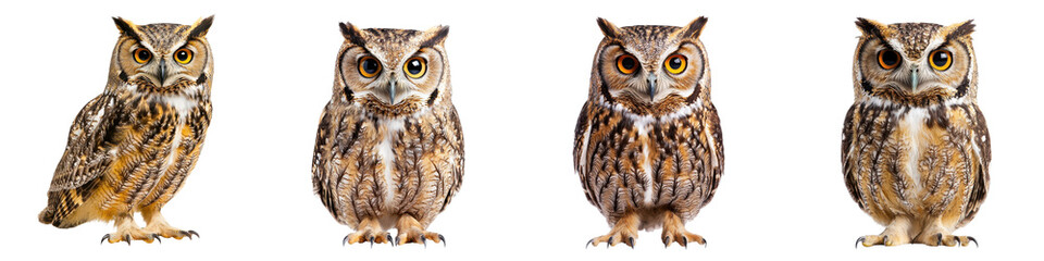 Obraz premium Four majestic owls perched on tree branches displaying their sharp focused gaze and vigilant stance as skilled nocturnal predators of the wild