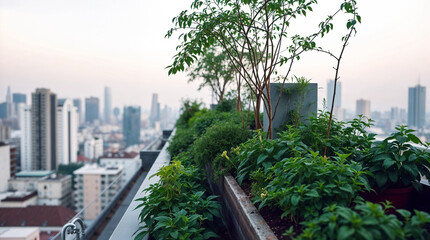 Fototapeta premium Planting vegetable on a rooftop garden in the city it very fresh and green color and there are sky building in background