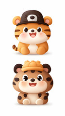 Naklejka premium Two cute tiger cubs sitting in hats on white background