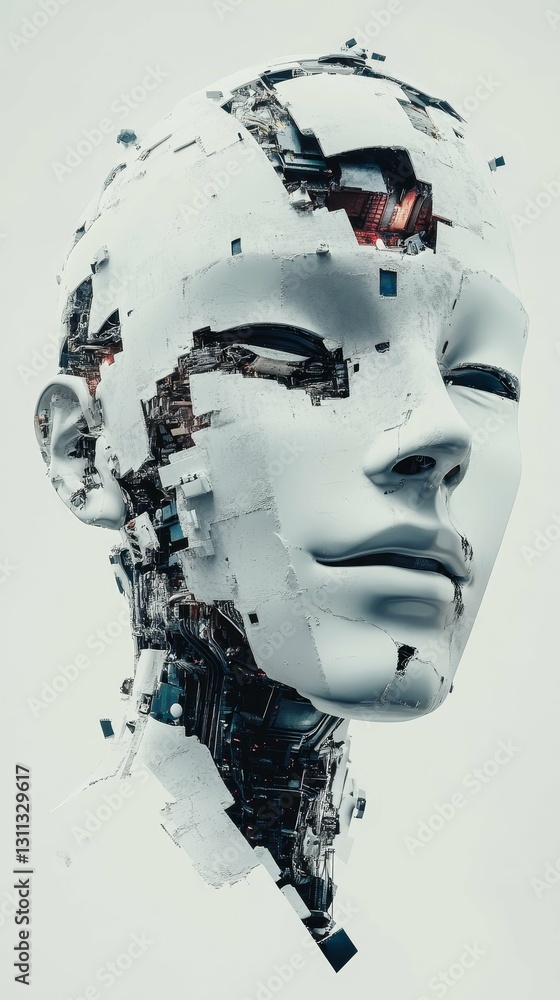 Poster futuristic cybernetic face: exploring ai and robotics in modern design