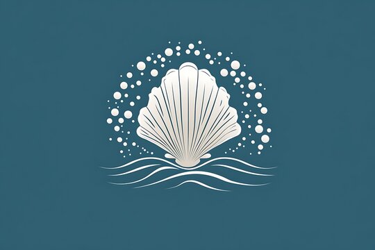 Elegant Seashell Ocean Wave Logo Design Pearl Bubbles, Teal Background