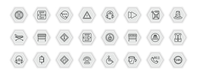 outline icons set - alert concept. vector icons included hel, sos, call center, road blockade and more.