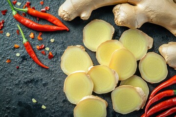 Vibrant ginger roots and slices combined with fiery chili peppers create a spicy culinary aesthetic. Generative AI