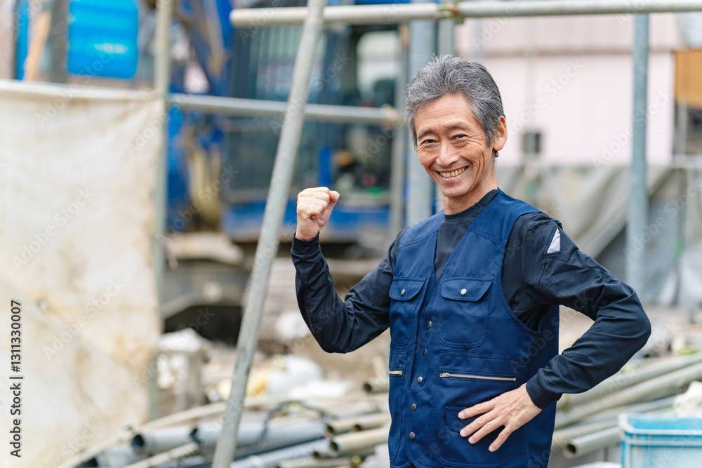 Aufkleber 大工、作業員、男性、シニア、ガッツポーズ、工事現場、職人、笑顔、建設、建築、ゼネコン、土木、親方、棟梁、日本人、土方、仕事、働く、請負、下請け、サブコン、工務店、監督、ハウスメーカー、外構、設計、鳶職、佐官、工事、社長、業者、会社、中高年、ミドル、ベテラン、ビル、職業、技術、自信、がんばる、カメラ目線、作業服、シルバー人材、労働者、元気、産業、50代、やりがい、生きがい、人物