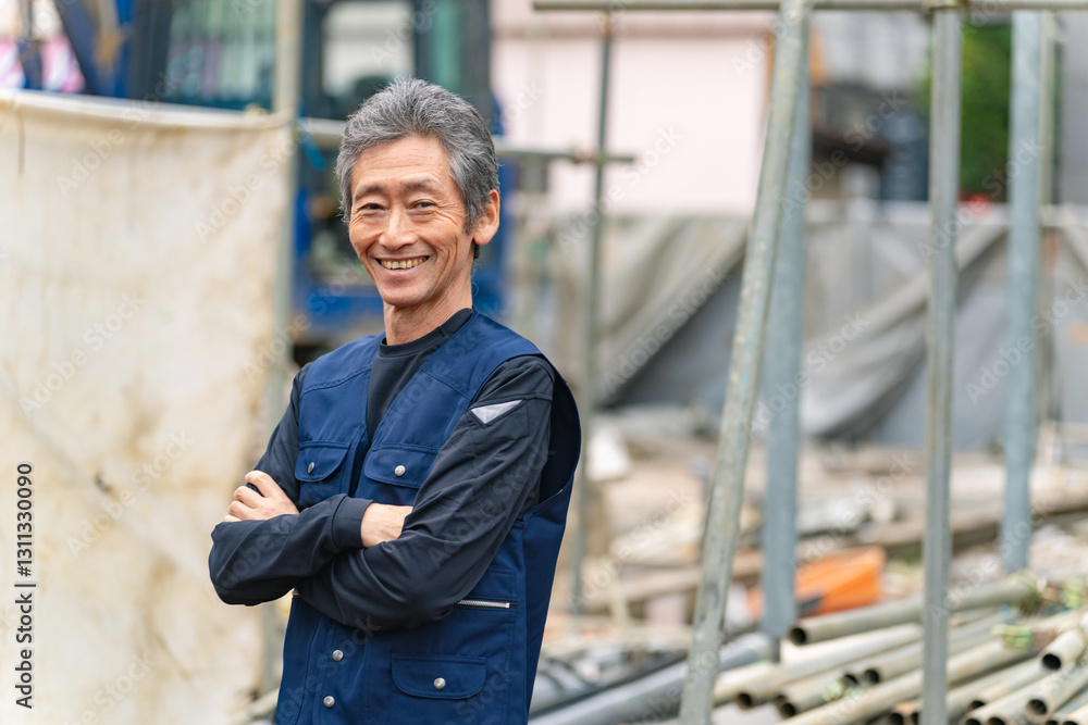 Poster 作業員、男性、工事、工事現場、大工、職人、笑顔、建設、建築、ゼネコン、土木、親方、棟梁、日本人、土方、仕事、働く、請負、下請け、サブコン、工務店、監督、ハウスメーカー、外構、設計、鳶職、佐官、水道、電気、社長、業者、会社、シニア、中高年、ミドル、ベテラン、戸建て、ビル、建物、建機、職業、技術、自信、腕組み、カメラ目線、作業服、労働者、産業、50代、人物