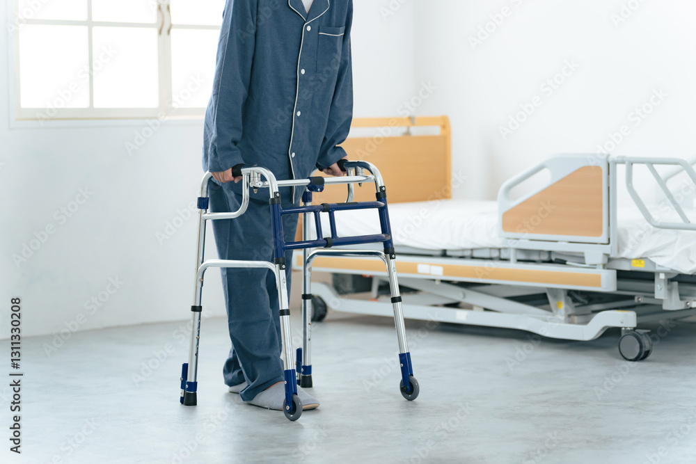 Poster 歩行器、リハビリ、患者、男性、シニア、歩行訓練、介護、病院、病室、理学療法、機器、器具、アシスト、歩行、練習、トレーニング、回復、日本人、ベッド、治療、怪我、ウェルネス、健康、福祉、障害、カート、介護施設、医療、高齢者、老人、メディカル、老人ホーム、病人、入院、努力、頑張る、挑戦、訓練、整形外科、骨折、予後、ケア、リハビリテーション、顔なし、下半身、足、脚、ひざ、膝痛、人物