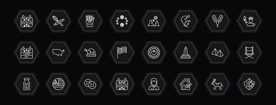 outline icons set - united states of america concept. vector icons included veterans day, french fries, grand canyon, america and more.