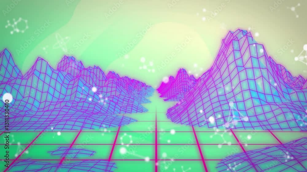 Poster animation of neon retro 3d grid landscape with digital particle effects