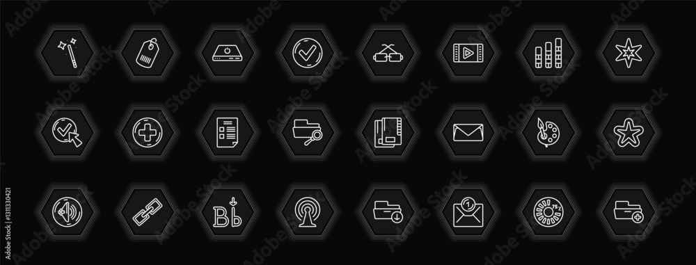 Poster outline icons set - user interface concept. vector icons included magic wand button, tiny power, squ