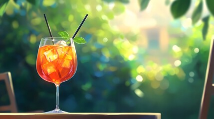 Aperol spritz cocktail with ice cubes and straw outdoors