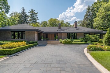 Fototapeta premium Brick house with landscaped driveway and lush greenery. Perfect for real estate, architecture, or luxury lifestyle websites.