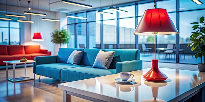 Modern Office Interior Design: Red Lamp, Blue Sofa, White Table - AI Generated Photo
