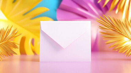 White envelope stands on pink surface with colorful tropical leaves backdrop