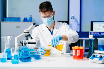Fototapeta premium Scientists, beakers, and microscopes in cutting-edge research. Perfect for science and technology projects.