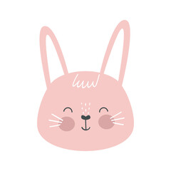 Obraz premium Cute bunny face vector illustration. Adorable cartoon rabbit in soft pink with a friendly smile. Playful and fun design for children's products, nursery decor, prints, and Easter themes.