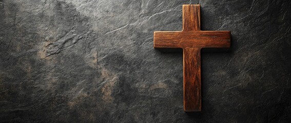 Wooden Cross on Dark Stone Background