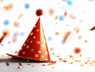 Obraz premium A vibrant red party hat adorned with golden polka dots sits amidst colorful confetti, perfect for capturing the essence of celebration and joy.