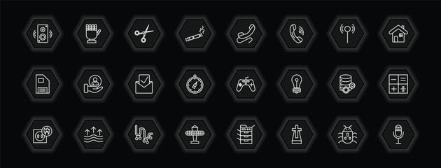 outline icons set - technology concept. vector icons included sound box, hairdressing tools, phone with wire, client and more.