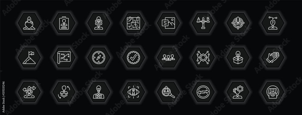 Poster outline icons set - startup stategy and concept. vector icons included reaction, user experience, sw