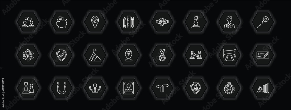 Aufkleber outline icons set - startup stategy and concept. vector icons included discussion, restrict, rivalry
