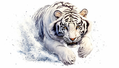 Obraz premium White tiger aggressively charging through water, white background, artistic