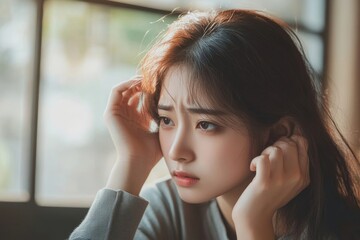 Fototapeta premium Thoughtful Young Woman Portrait Soft Lighting Natural Pose Studio Shoot girl face mood calm hair 