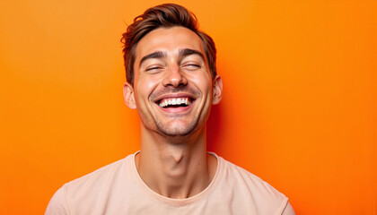 Fototapeta premium Joyful man laughing against vibrant orange background, happiness