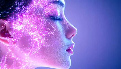 Woman profile glows; radiant network lights illuminate face in abstract background