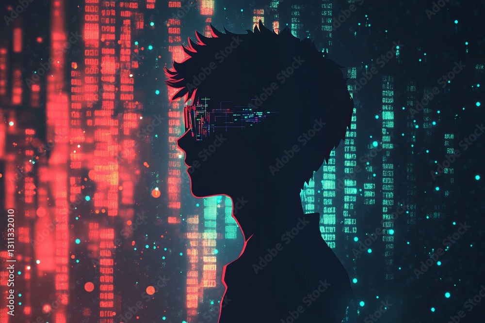 Aufkleber futuristic silhouette with digital data streams and glowing elements