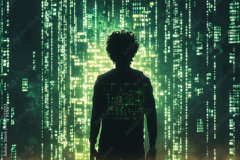 Aufkleber silhouette of person surrounded by digital code and light patterns