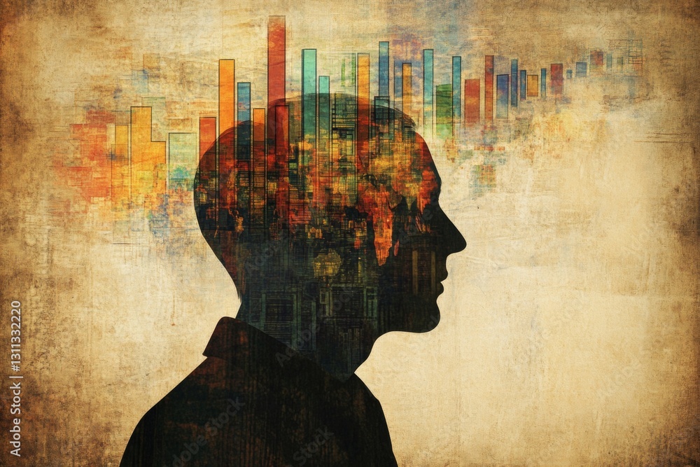 Poster silhouette of a man with colorful cityscape and data visualization imagery representing thoughts