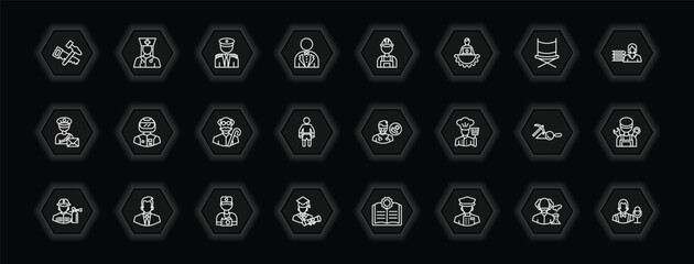 outline icons set - professions concept. vector icons included carpenter, captain, builder, racer and more.