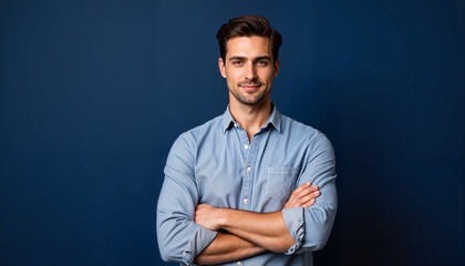 Obraz premium Confident man standing with arms crossed against navy blue background, self-assurance